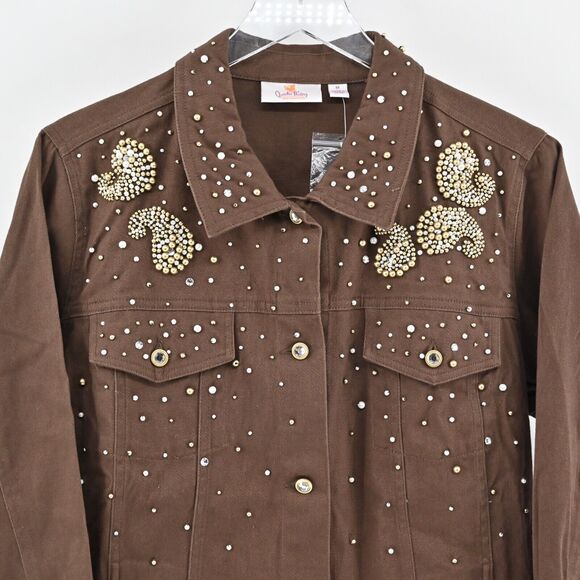 QUACKER FACTORY Denim Jacket Womens Sz M Brown Rhinestone Beaded Blinged Western - Picture 2 of 12